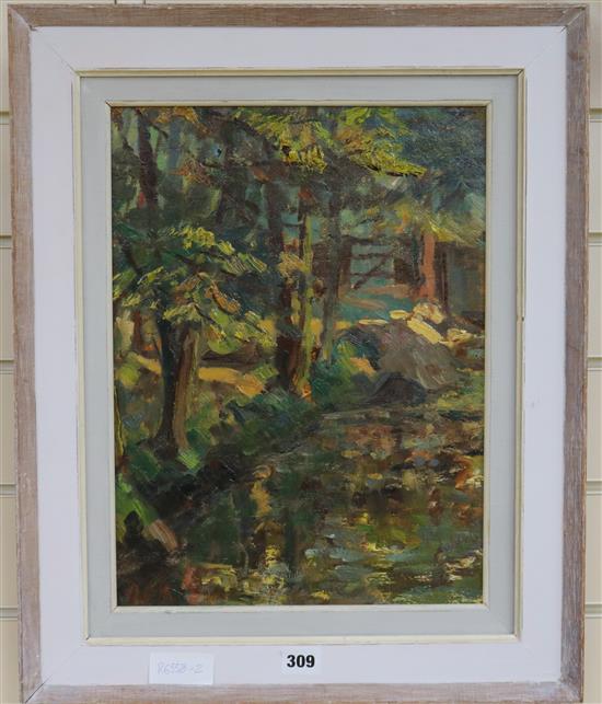 Diana Maxwell Armfield RA, RWS, oil on board, Sunlight across wooded stream, initialled, 40 x 30cm